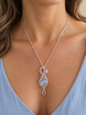 Handmade Silver Plated Wire Wrapped Blue Opalite Necklace with Infinity Symbol